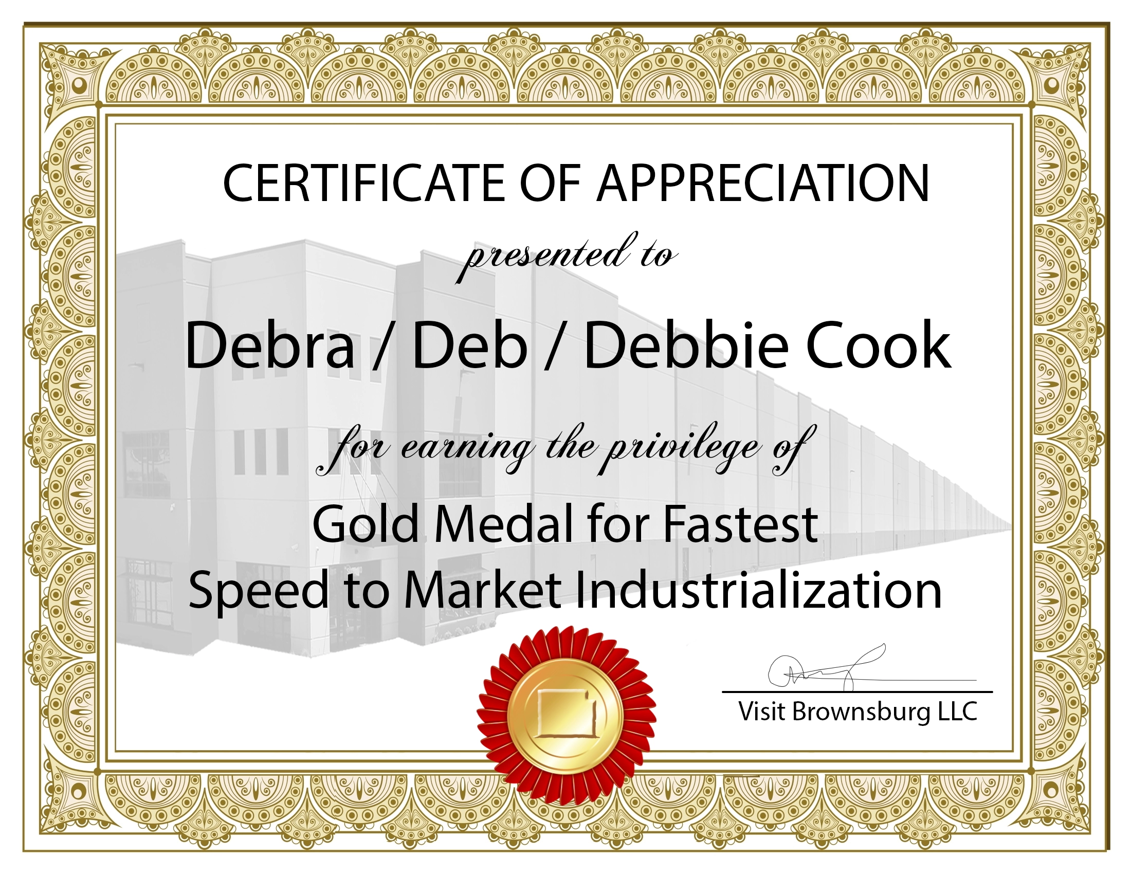 Award Certificate for Debra / Deb / Debbie Cook Gold Medal for Fastest Speed to Market Industrialization